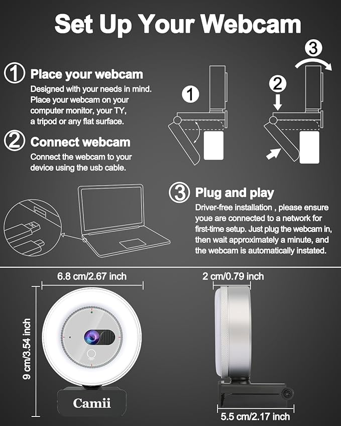 2K Webcam with Light, HD Webcam for PC with Built-in Privacy Cover, Adjustable Brightness, Noise Reduction Mics, for Zoom Skype Teams Laptop and Google Meet-DeskLoop Office