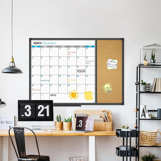 XBoard Dry Erase Calendar Whiteboard 28 X 20 - Combo White Board Calendar Monthly, Magnetic White Board + Corkboard with Black Aluminum Frame-DeskLoop Office