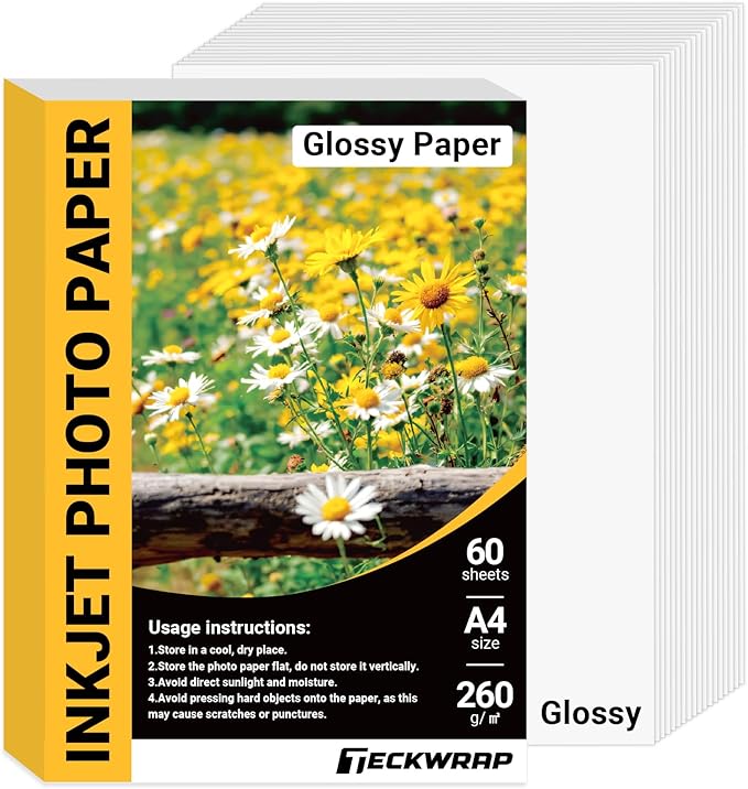 TECKWRAP Glossy Photo Paper 8.5" x 11", Glossy Photo Paper for Inkjet Printer, Works with Inkjet Printer, 60 Sheets, 260gsm/69 lb-DeskLoop Office