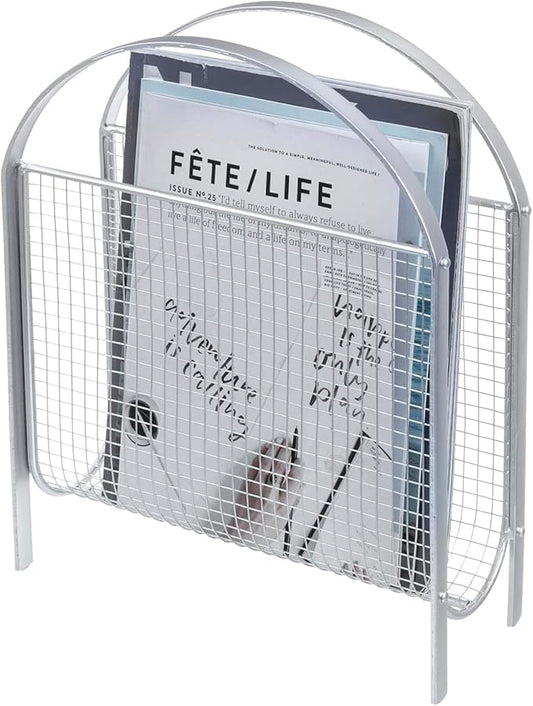 MyGift Mid-Century Design Magazine Rack, Matte Black Tone Metal Mesh Freestanding Magazine Organizer Holder Sling (Silver)-DeskLoop Office