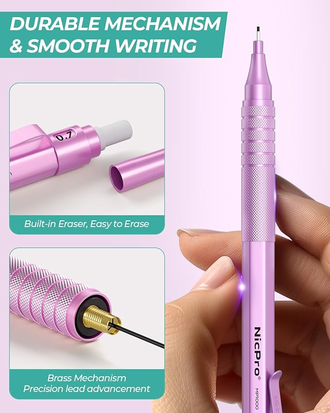 Nicpro 0.7 mm Metal Mechanical Pencil Set, 3PCS MP1000 Artist Lead Pencils With 480PCS HB 2B Lead Refills, Erasers, Pastel Aesthetic Mechanical Pencils for School Supplies Writing Drawing Sketching-DeskLoop Office