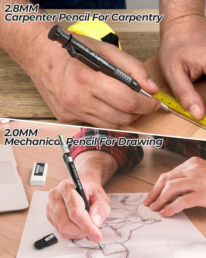 Nicpro 27 Pack Carpenter Pencils for Woodworking, Construction Mechanical Pencil with 100 Refill, Automatic Center Punch and Carbide Scribe Carpenter Tool, Construction Pencil for Carpenters Marking-DeskLoop Office