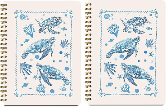 2 Pcs Sea Turtle Spiral Notebooks for Work, A5(8.3x5.8inch) Composition Notebook College Ruled Note Book, Blue Coral Notepads Lined Travel Journal for Writing, Cute Diary Sea Turtle Gifts for Women-DeskLoop Office