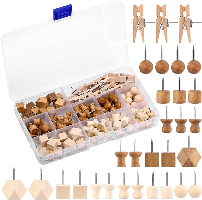 114 Pcs Wood Push Pins, 2 Colors and 7 Types Decorative Thumb Tacks Wooden Head Pin Map Tacks Marking Pin, Wood Thumb Tacks Decorative for Bulletin Boards Craft Projects with Storage Box-DeskLoop Office