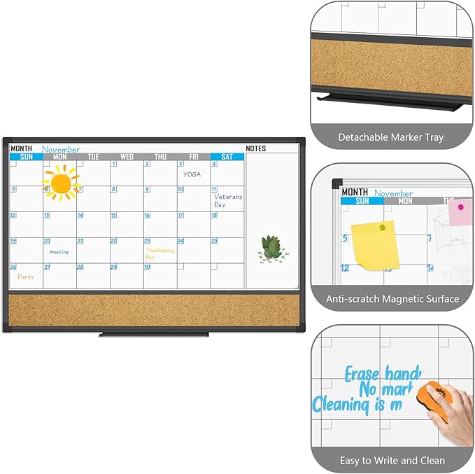 XBoard Dry Erase Calendar Whiteboard 48 X 36 - Combo White Board Calendar Monthly, Magnetic White Board + Corkboard with Black Aluminum Frame, Colorful Push Pins & Marker Tray Included-DeskLoop Office