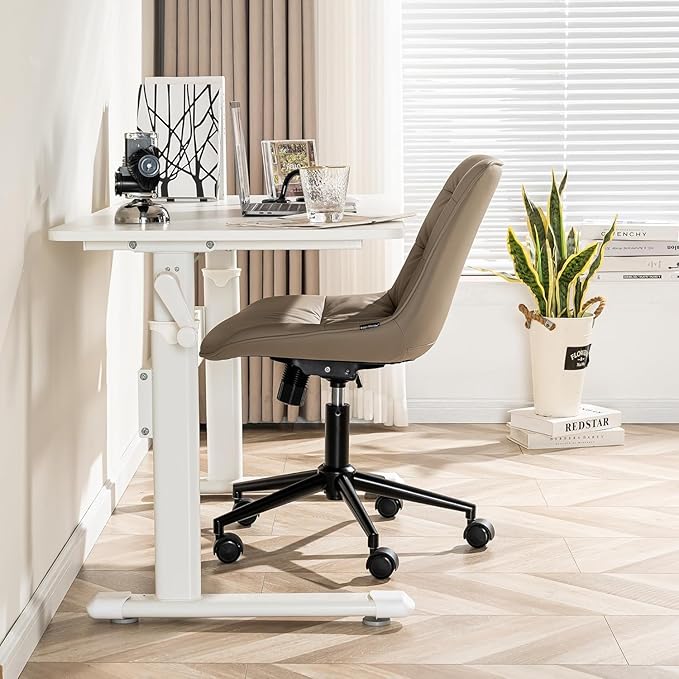 Kidol & Shellder Faux Leather Office Chair, Adjustable Swivel Height Task Chair, Rolling Wheels & Soft Backrest - Armless Ergonomic Desk Chair for Home, Office,Vanity,Gaming(Khaki)-DeskLoop Office