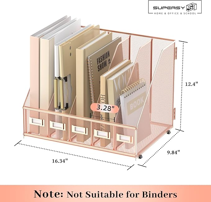 SUPEASY Desk Organizers Metal Desk Magazine File Holder with 5 Vertical Compartments Rack File Organizer for Office Desktop, Home Workspace, Rose Gold-DeskLoop Office