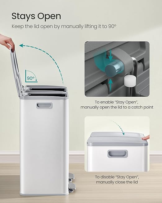 SONGMICS Trash Can, 2 x 8 Gallon (2 x 30 L) Dual-Compartment Garbage Can with Soft-Close Lid, Pedal and Inner Buckets, Stainless Steel, Includes 15 Liner Bags, Matte White ULTB741W01-DeskLoop Office