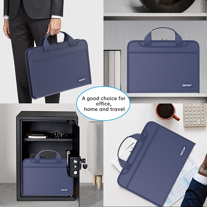 ENGPOW Accordion File Organizer,Fireproof Expanding File Folder with Multi Pockets,13 Pockets Document Organizer with Handle & Labels,Portable Home Travel Safe Storage Folder for Letter A4 Files,Blue-DeskLoop Office