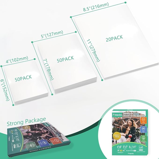 Glossy Photo Paper 4x6, 5x7, 8.5x11, 120 Variety Pack Bulk, Assorted Sizes, Inkjet printer, 52lb/200gsm-DeskLoop Office