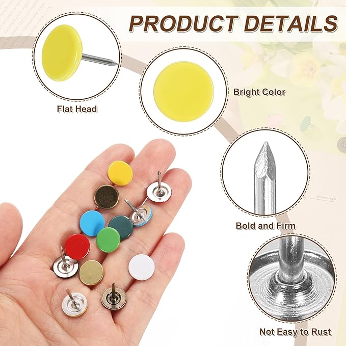 uxcell 100Pcs Upholstery Tacks, 11mmx15mm Flat Head Thumb Tack Decorative Furniture Nails Push Pins for Furniture Sofa Headboards, Light Yellow-DeskLoop Office