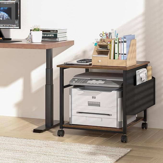 Lerliuo Large Printer Stand with Storage Shelf, 23.6 x 23.6 x 22.8 Industrial Printer Table for Home Office, Rolling Printer Cart Holder with Lockable Wheels, Mobile Mini Fridge Stand Table (Brown)-DeskLoop Office