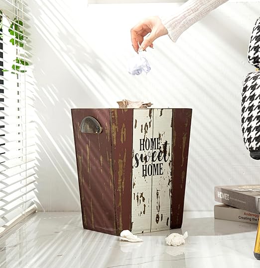 Small Wood Trash Can Wastebasket, Farmhouse Rectangular Garbage Can Waste Basket, Rustic Distressed Wooden Trash Recycling Bin with Metal Handles, Home Sweet Home Wood Storage Basket (Distressed)-DeskLoop Office