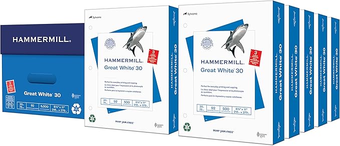 Hammermill Printer Paper, Great White 30% Recycled Paper, 3 Hole - 10 Ream (5,000 Sheets) - 92 Bright, Made in the USA, 086702C-DeskLoop Office