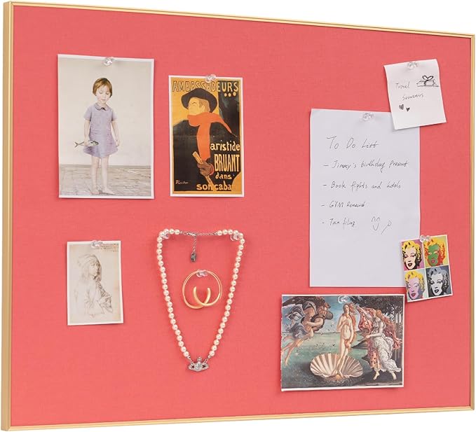 Bulletin Board 23.6 x 17.7 inches, Coral Red Pin Board, Golden Aluminum Framed Fabric Cork Board with 10 Push Pins-DeskLoop Office