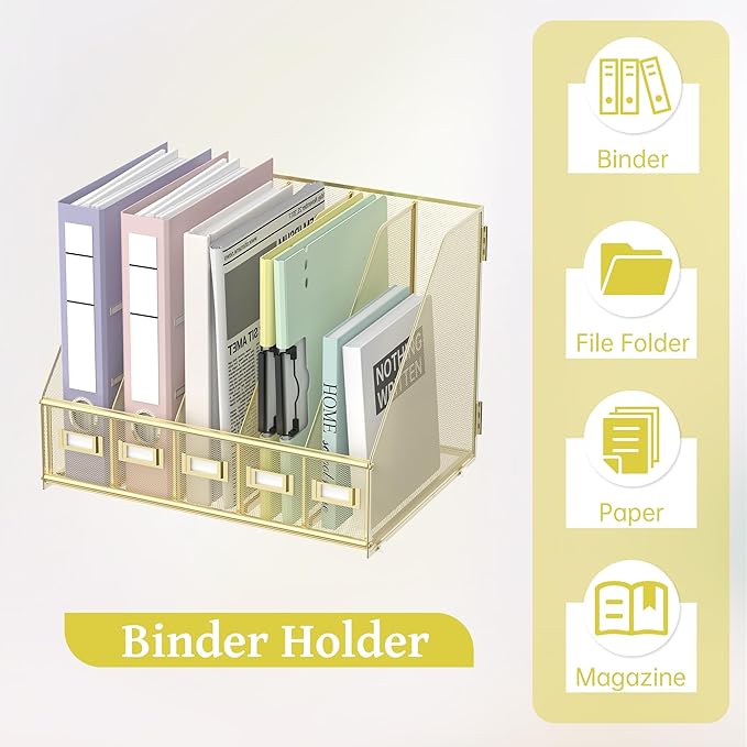 SUPEASY Desk Organizers Metal Desk Magazine File Holder with 5 Vertical Compartments Rack File Organizer for Office Desktop, Home Workspace, Gold Plus-DeskLoop Office