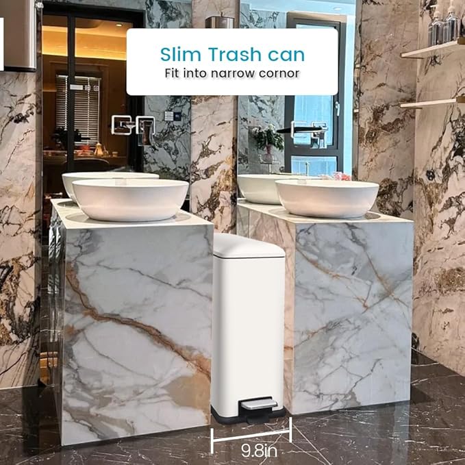12 Gallon Slim Kitchen Trash Can, Rectangular Trash Can with Removal Inner Bucket and Soft-Close Lid, Foot Pedal, Stainless Steel Garbage Can 45 Liter, White-DeskLoop Office