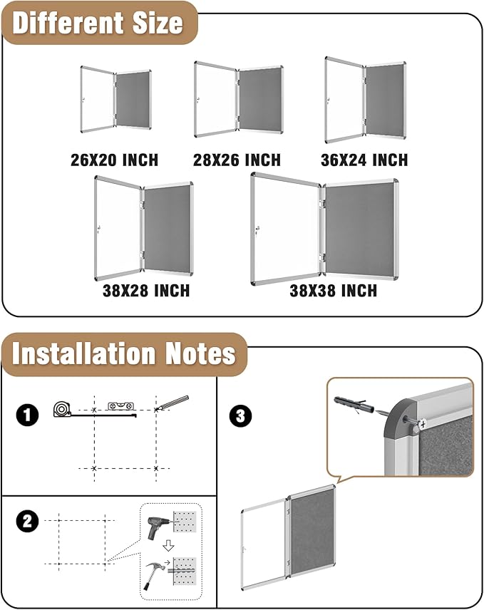 28"x26" Enclosed Bulletin Board, Lockable Weather-Resistant Aluminum Cork Noticeboard for School & Office, Silver Frame w/Grey Flet-DeskLoop Office