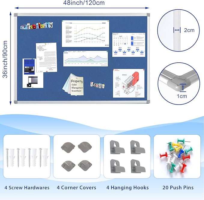 Felt Bulletin Big Vision Pin Board Notice Booard Wall-Mount Organization for Photo Message Velcro,Blue,48x36inches-DeskLoop Office