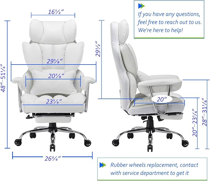 Efomao Big and Tall Office Chair 400lbs – High Back PU Leather Executive Chair with Lumbar Support, Footrest, Swivel Base, Padded Armrests, and Rolling Wheels for Home Office, White Computer Chair-DeskLoop Office