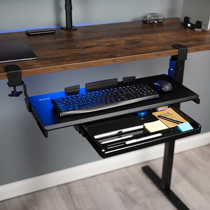 VIVO Large Clamp-on Height Adjustable Keyboard Tray, Pull Out Platform, Pencil Drawer, 27 (33 Including Clamps) x 11 inch Slide-Out Tray Storage Drawer, Black, MOUNT-KB05-4DH-DeskLoop Office