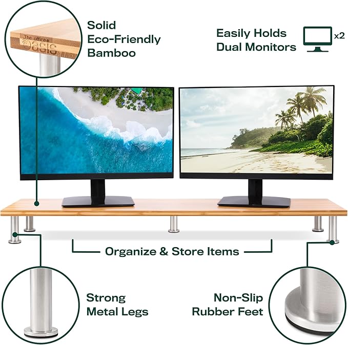 The Original Bamboo Dual Monitor Stand (As Seen On PBS) - 42 Inch Large Monitor Riser for Computer Screens, Laptop or TV - Desk Shelf Adds Storage Space and Improves Ergonomics - Natural-DeskLoop Office