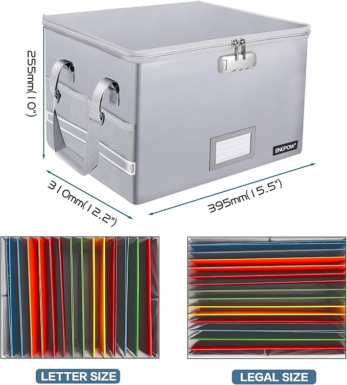 ENGPOW File Box with Lock, Fireproof Document Box with Zipper&Pockets, Collapsible File Organizer Filing Storage Cabinet with Handle, Portable Home Office Safe for Hanging Letter/Legal Folder,Silver-DeskLoop Office
