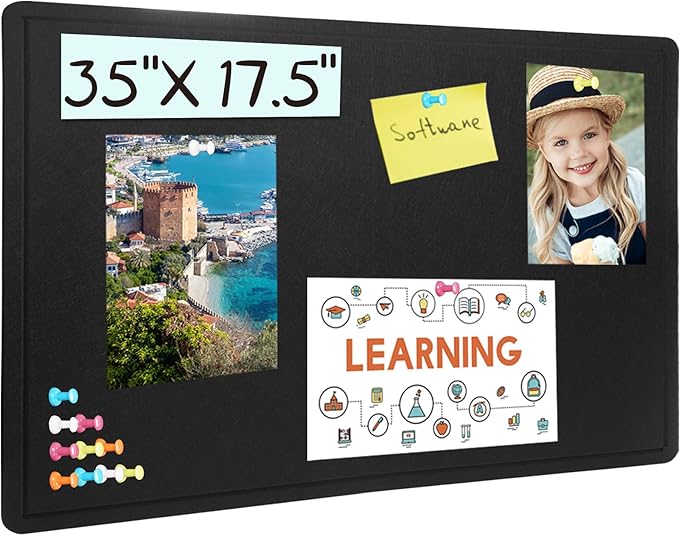 Bulletin Board - 35 x 17.5 inches Decorative Felt Pin Board - Cork Board Alternative for Wall - Foldable Photo Board Self-Adhesive Prayer Board with 20 Pushpins - Black-DeskLoop Office