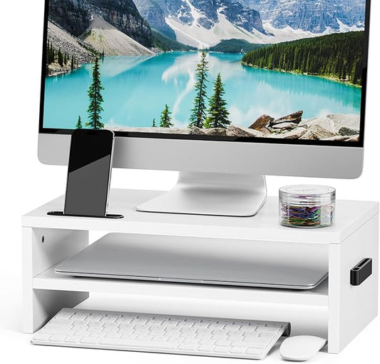 Marbrasse Monitor Stand Riser, 16.5 Inch 2 Tier Computer Printer Shelf Stand for Laptop Computer Screen Storage, Desktop Stand with Phone Holder and Cable Management (White)-DeskLoop Office
