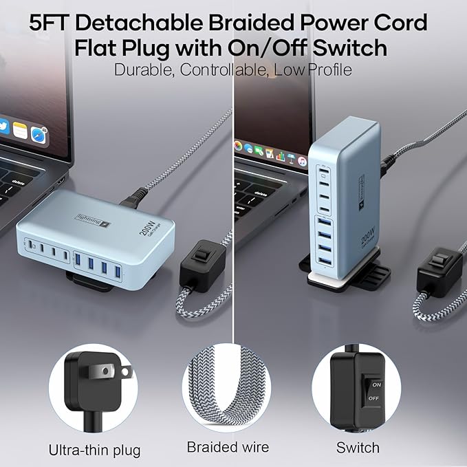 8-Port Multi Charging Stations 200W with Flat Plug, Braided Power Cord, and On/Off Switch- USB Charging Hub for iPhone, iPad, MacBook and More- 65W C Port Power Adapter for Laptops-DeskLoop Office