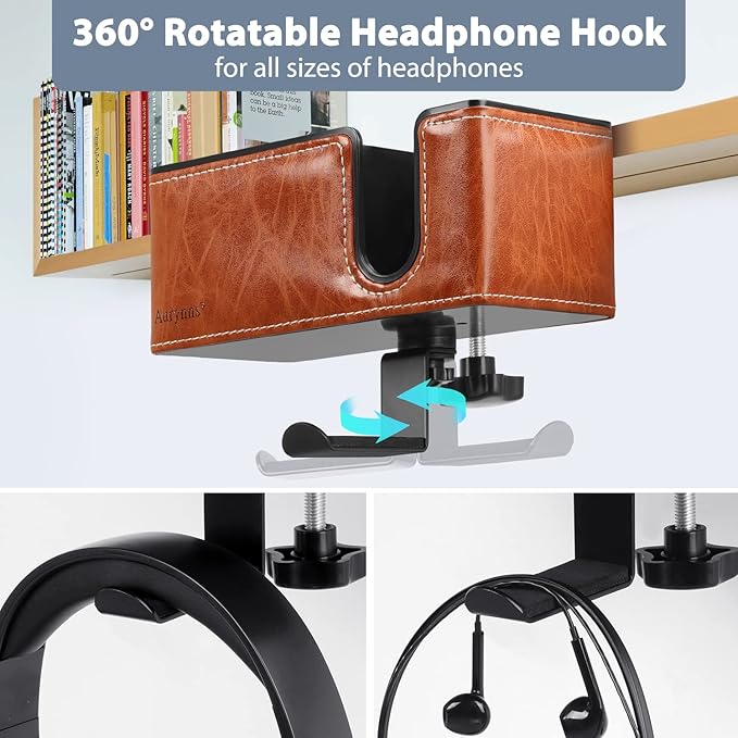 Desk Cup Holder Clip on Pen Holder Headphone Hanger Headset Stand Rotatable Clamp Hook Under Desk (Light Brown)-DeskLoop Office