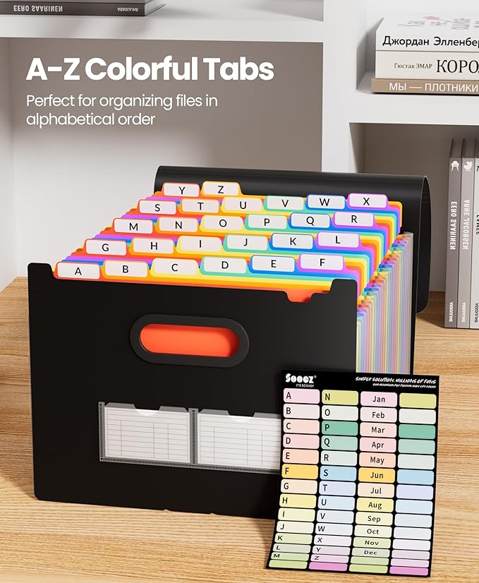 Sooez 26-Pocket Accordion File Organizer, Upgraded Expanding File Folder with Unobstructed A-Z Tabs, Premium Bill Tax Receipt Document Organizer Storage for Letter/A4 Size Paper, School Office & Home-DeskLoop Office