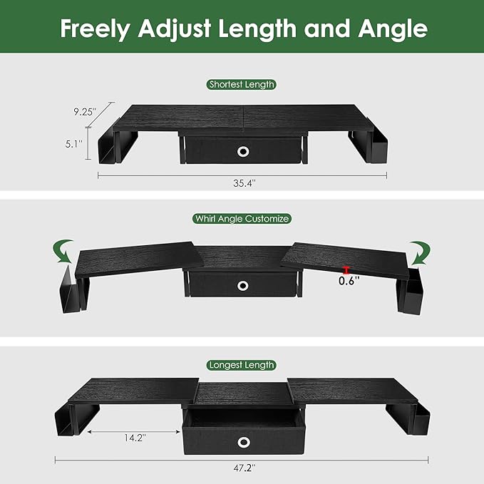 Dual Monitor Stand Riser w/ Drawer & Metal Leg, Large Computer Monitor Riser w/ Storage For 2 Monitors, Desk Shelf For Monitor w/ Adjustable Length & Angle, Desktop Organizer For Laptop/TV/Printer-DeskLoop Office