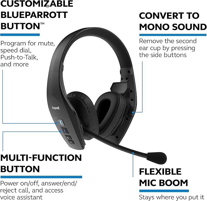 BlueParrott S650-XT Bluetooth Wireless Headphones 96% Noise Canceling Over Head Trucker Headset with Mic, 2-in-1 Convertible Stereo to Mono with ANC, IP54-Rated Protection, 36 hrs. Talk Time, Black-DeskLoop Office