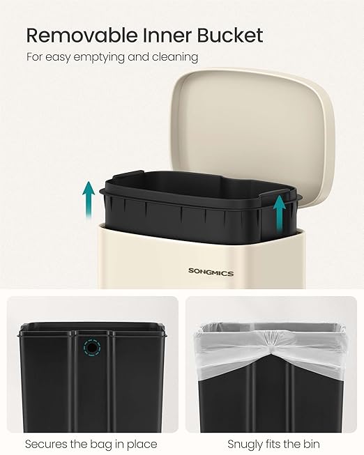 SONGMICS Trash Can with Lid, 8 Gallon Garbage Can, Stainless Steel Small Waste Bin with Step Pedal and Inner Bucket, Soft Close, Kitchen, Sand Beige ULTB003A01-DeskLoop Office