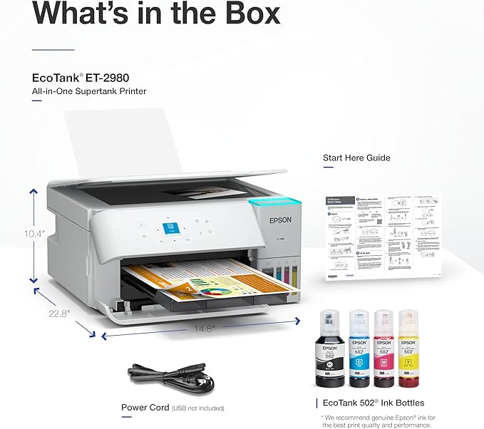 Epson EcoTank ET-2980 Wireless All-in-One Color Supertank Printer with up to 3 Years of Ink, Refillable Tanks, Perfect for Home, 15 PPM, 1.44" Color Screen, Auto 2-Sided Printing - White-DeskLoop Office