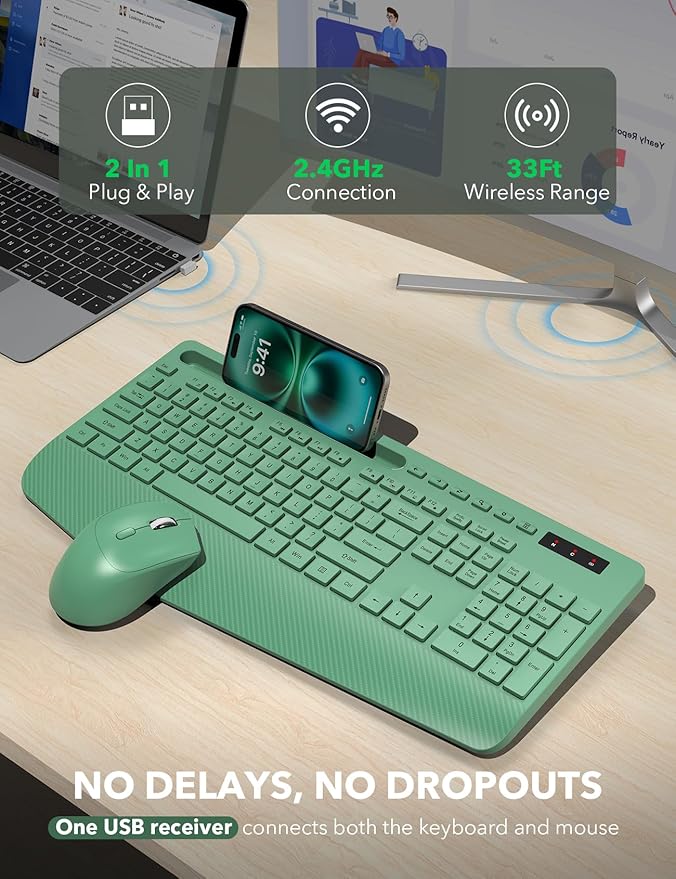 Wireless Keyboard and Mouse Combo - Full-Sized Ergonomic Keyboards with Wrist Rest, Phone Holder, Sleep Mode, Silent 2.4GHz Cordless Combo for Computer, Laptop, PC, Mac, Windows -Trueque-DeskLoop Office