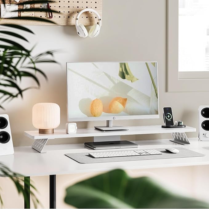 Fenge Dual Monitor Stand Riser, 42.5 Inch Desk Top Shelf for 2 Monitors, Computer Stands for Desk, Wood & Steel Desktop Riser for Laptop, PC, Printer-DeskLoop Office