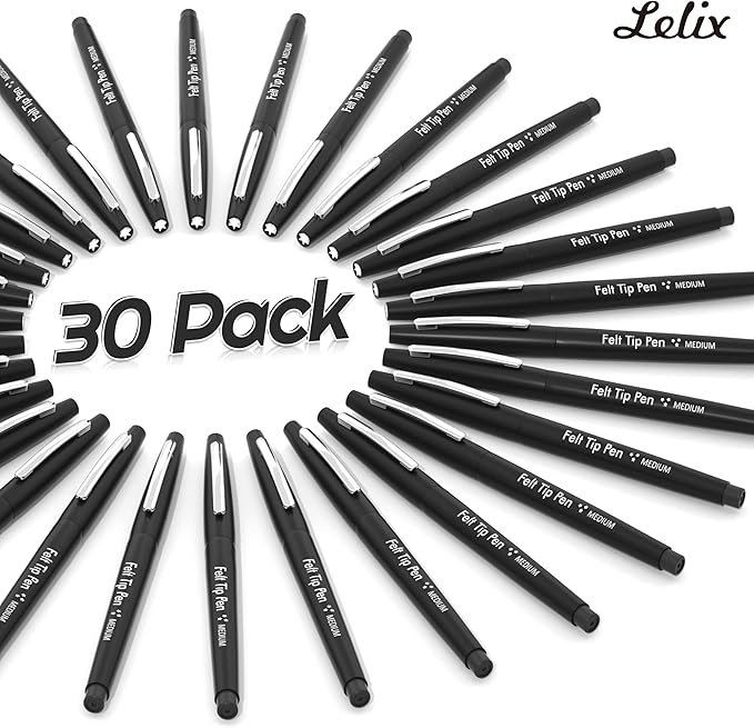 Lelix Felt Tip Pens, 30 Black Pack, 0.7mm Medium Point, Felt Tip Markers Pens for Journaling, Writing, Note Taking, Planner, Perfect for School Office and Art Supplies-DeskLoop Office