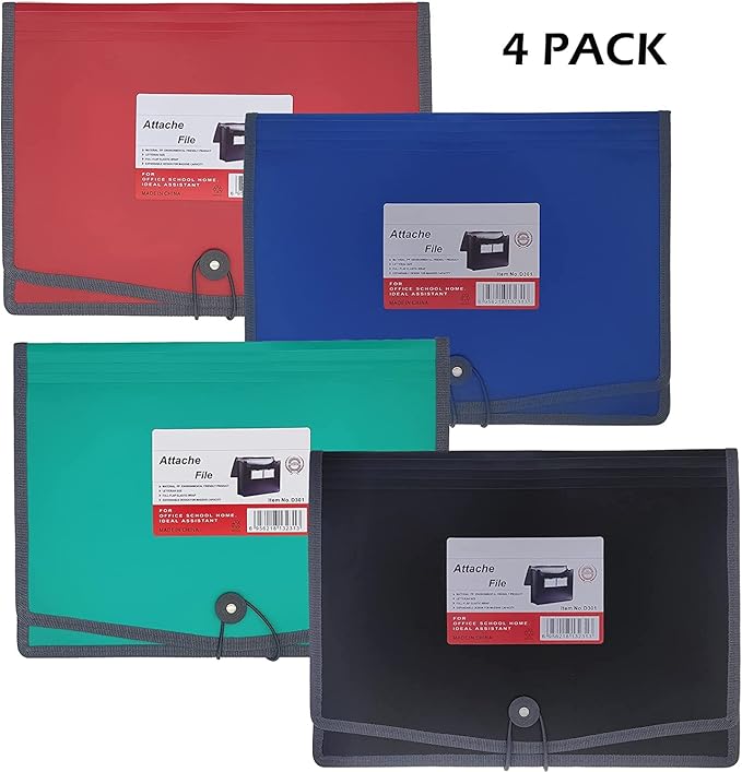 Premium Quality Plastic Expanding File Folder Document Organizer, 3.5" Expansion, A4 Letter Size for Home School Office Organization,4 Pack