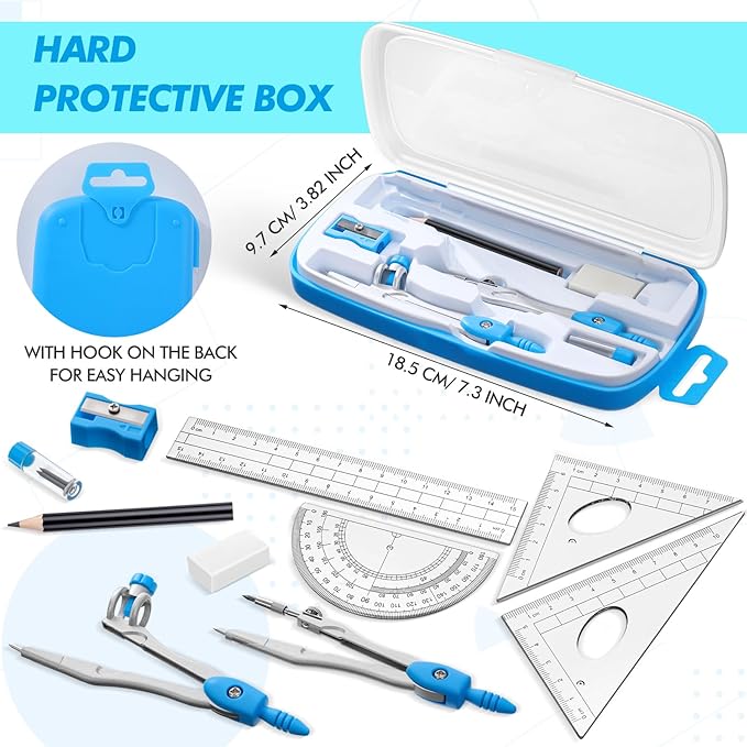 Zonon Math Geometry Set 10 Pcs Student Supplies with Shatterproof Storage Box, Includes Rulers Protractor Compass Pencil Sharpener Lead Refills Eraser Pencil for Drafting and Drawings(Blue)-DeskLoop Office