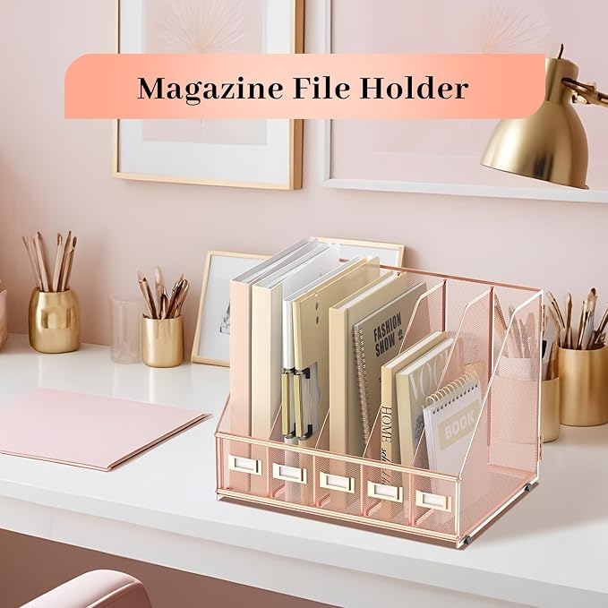 SUPEASY Desk Organizers Metal Desk Magazine File Holder with 5 Vertical Compartments Rack File Organizer for Office Desktop, Home Workspace, Rose Gold-DeskLoop Office
