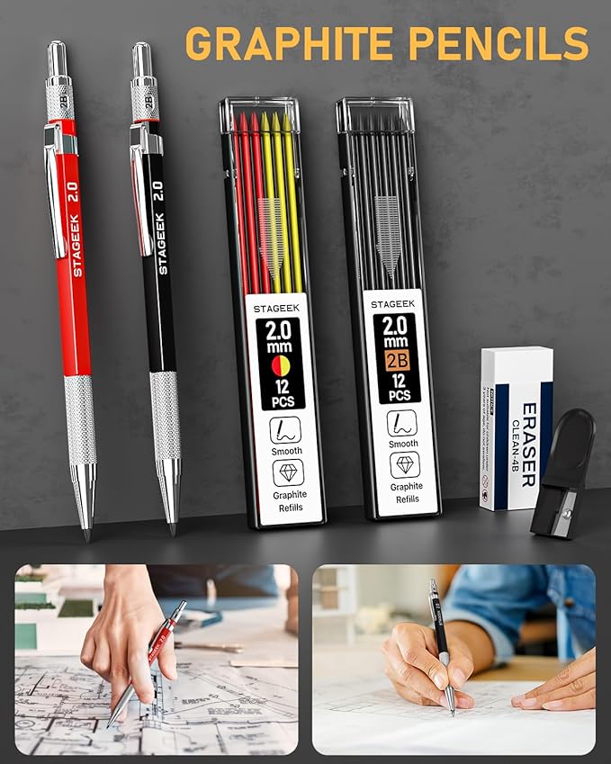17 Pack Mechanical Carpenter Pencil Set with Sharpener 40 Refills, Automatic Center Punch, Carbide Scribe Tool, Eraser and Deep Hole Marker Pen, Heavy Duty Construction Pencil for Architect with Pouch-DeskLoop Office