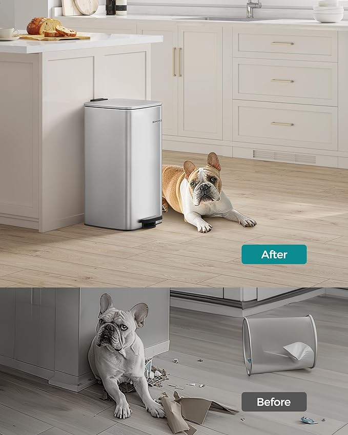 SONGMICS Kitchen Trash Can, 8-Gallon (30 L) Trash Bin, Stainless Steel Garbage Can, with Inner Bucket, Soft Close and Stays Open, Metallic Silver ULTB593E01-DeskLoop Office