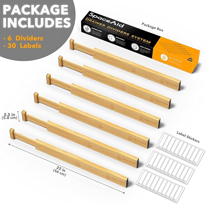 SpaceAid Bamboo Drawer Dividers with Labels, Kitchen Adjustable Drawer Organizers, Expandable Organization for Home, Office, Dressers and Bathroom, 6 Dividers (17-22 in)-DeskLoop Office