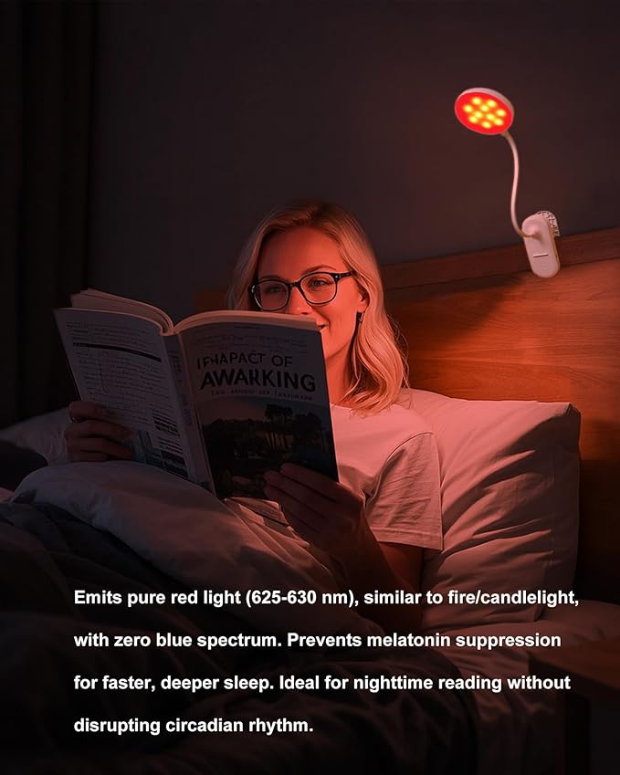 SZOKLED Red Light Reading Lights for Books in Bed, Clip on Lamp with Timer & Dimmable, Rechargeable Eye Care Night Light for Bedroom, Desk, Laptop, Headboard-DeskLoop Office