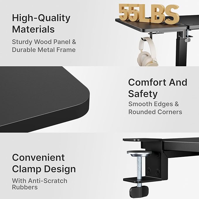 Desk Extender Tray, 24" x 12" Clamp On Desk Shelf, Desk Extension with Laptop Holder, Table Desk Arm Rest, Clamp On Keyboard Tray for Office and Home, Workstation Organizer, Medium, Black-DeskLoop Office