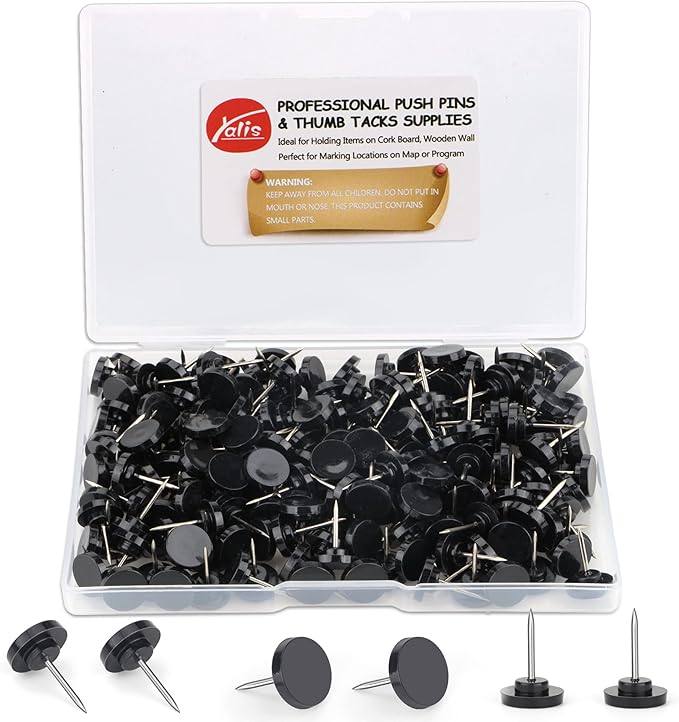 Push Pins 200-count Flat Black Thumb Tacks Steel Point and Plastic Head for Corkboard and Wooden Photo Wall-DeskLoop Office