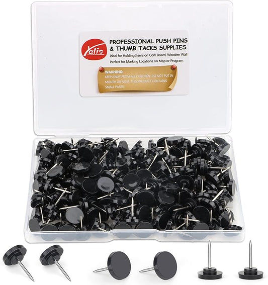 Push Pins 200-count Flat Black Thumb Tacks Steel Point and Plastic Head for Corkboard and Wooden Photo Wall-DeskLoop Office
