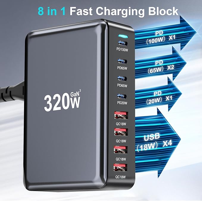 320W USB C Fast Charger Block, 8 Port USB Charging Station, GaN Ⅲ Pro 100W PD PPS Port Fast Charging Station Hub, Laptop Wall Charger Compatible with MacBook/iPhone 16/iPad/Galaxy S23/22 etc-DeskLoop Office